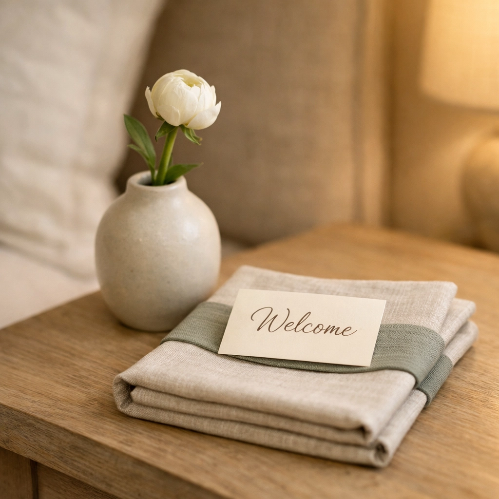 Personalized hospitality amenities on a bedside table, managed via an automated guest CRM.