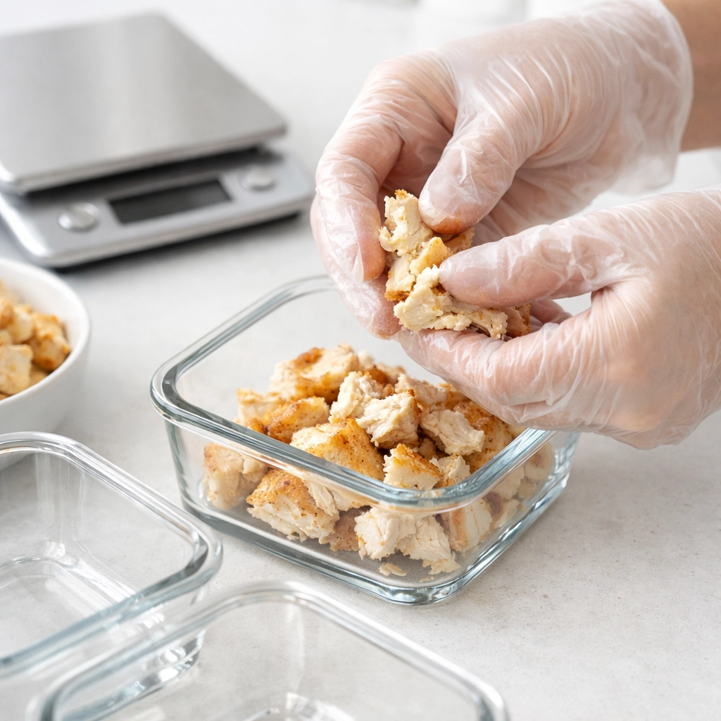 Portioning cooked chicken breast into meal prep containers for weekly muscle-building meals