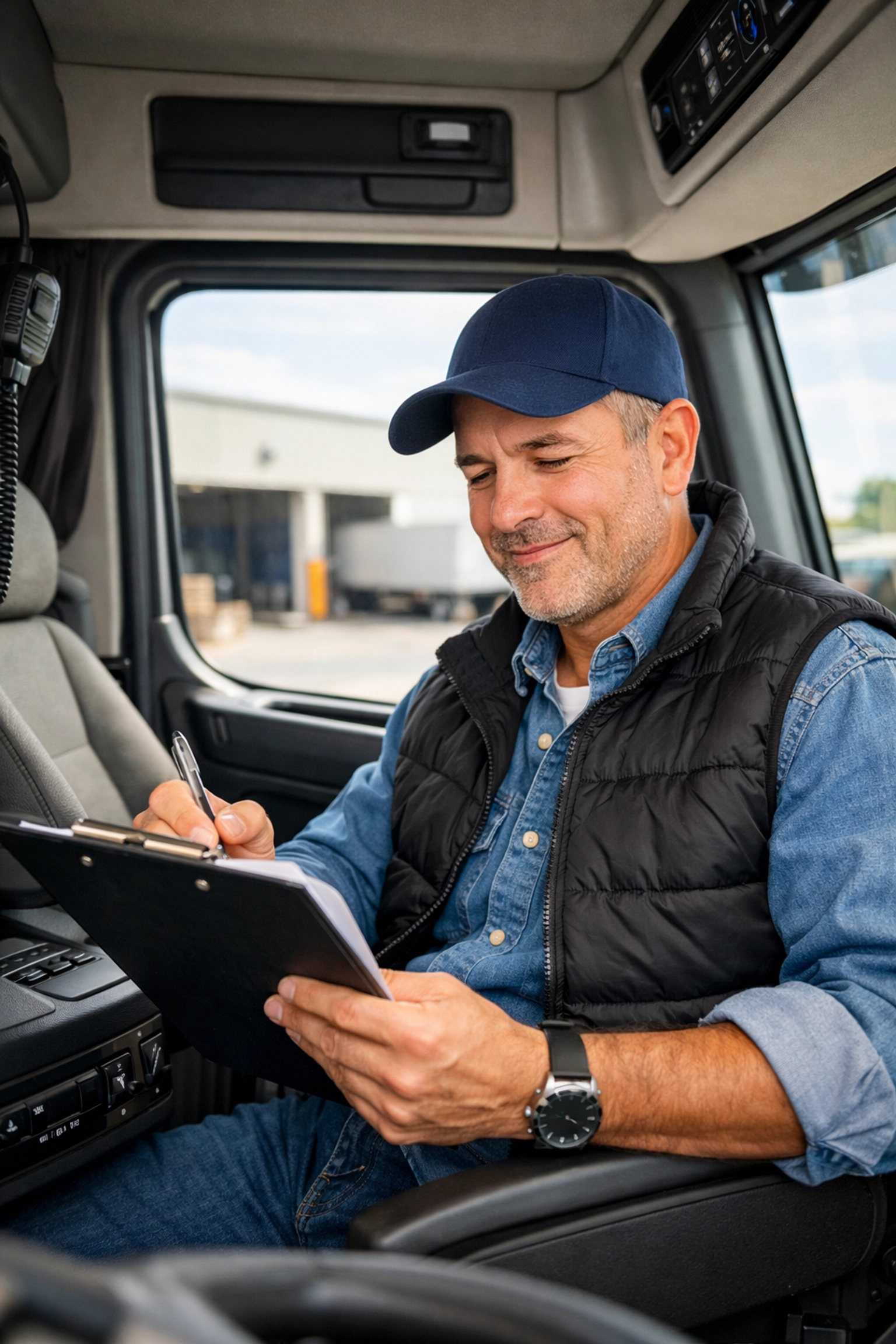 Successful owner-operator managing trucking business from truck cab with tablet