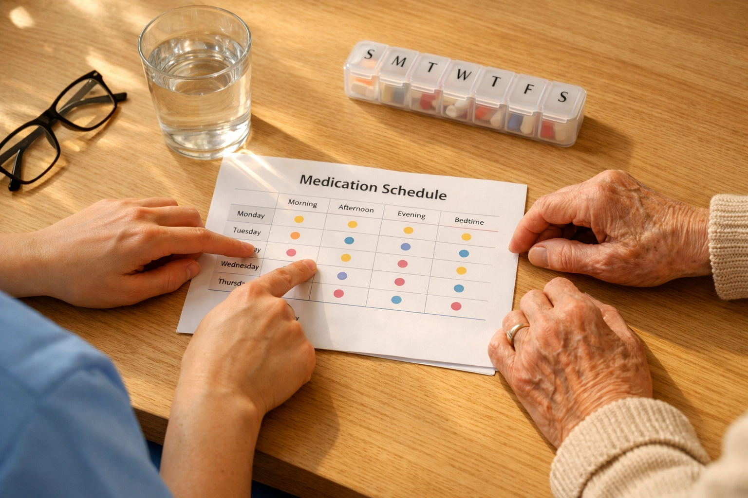 Healthcare assistant reviewing medication schedule with elderly person at home