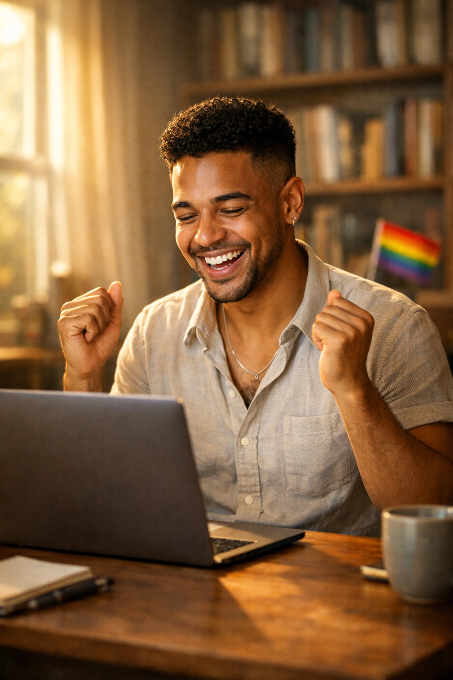 A triumphant gay author publishing his MM romance novel on the Read with Pride portal.