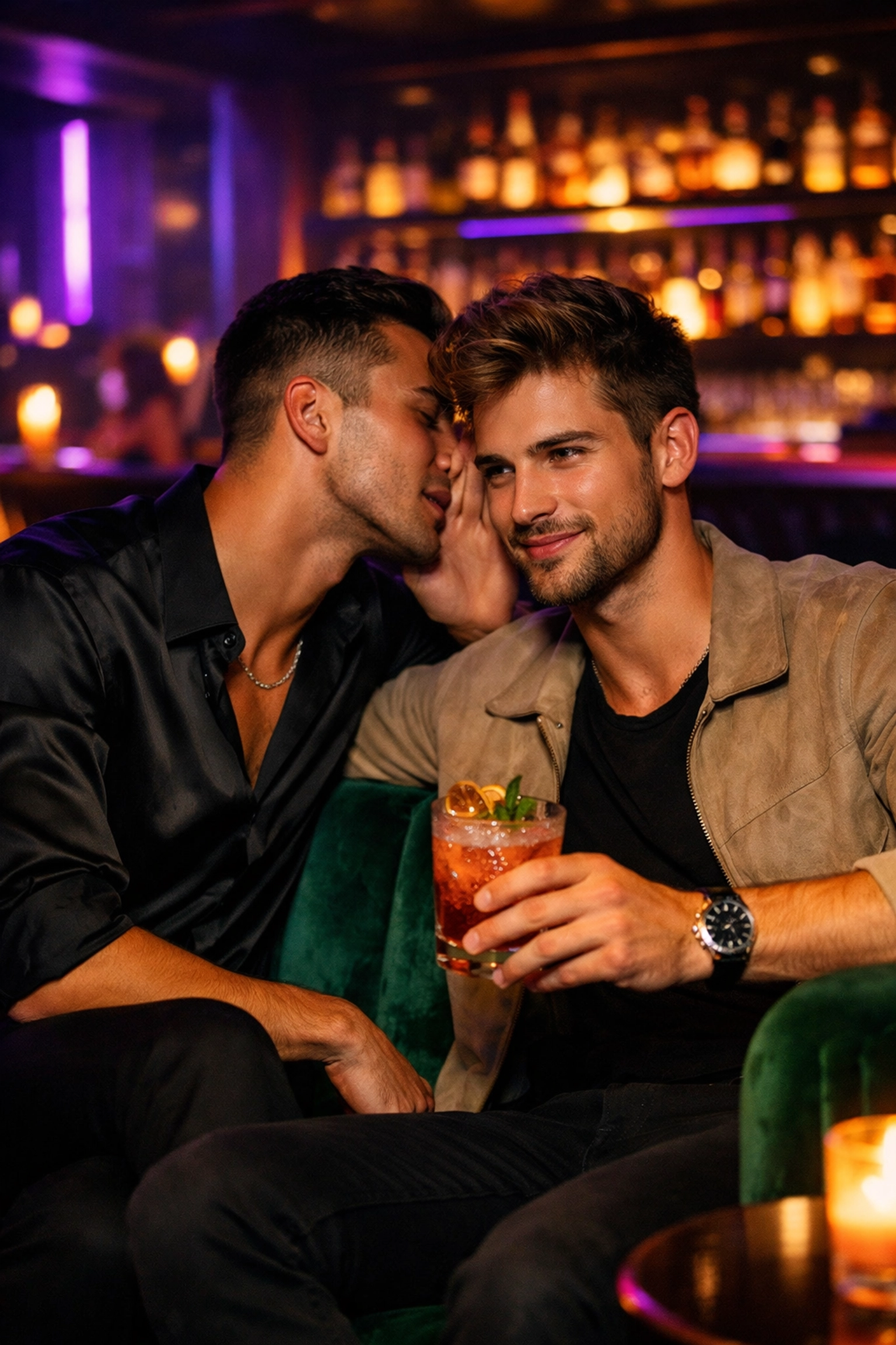 Two men flirting on a green velvet sofa in a neon-lit gay club lounge.