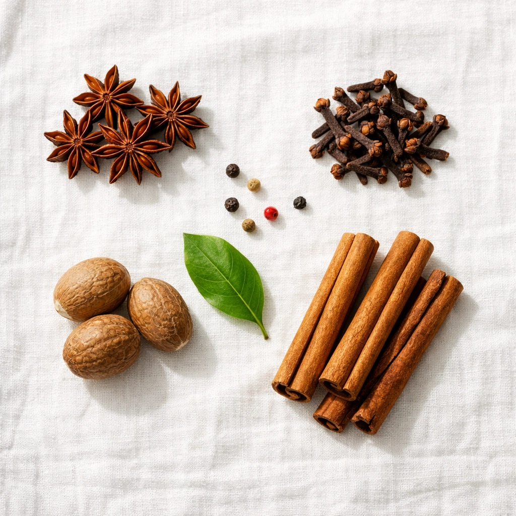 A minimalist arrangement of whole Kerala spices including star anise, cloves, and cinnamon quills on white linen.