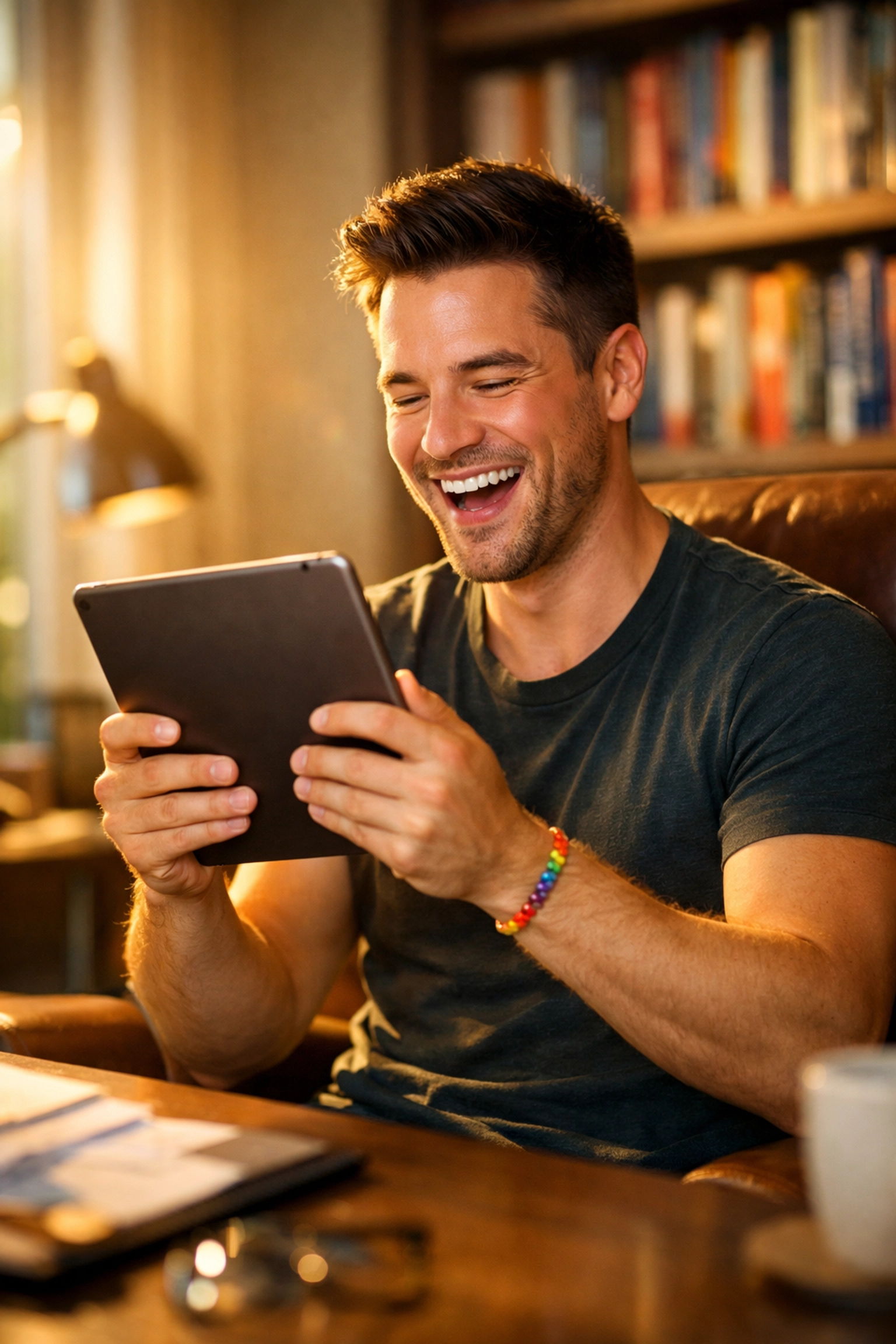 Successful gay author celebrating high royalties for queer fiction in a sunlit home office.