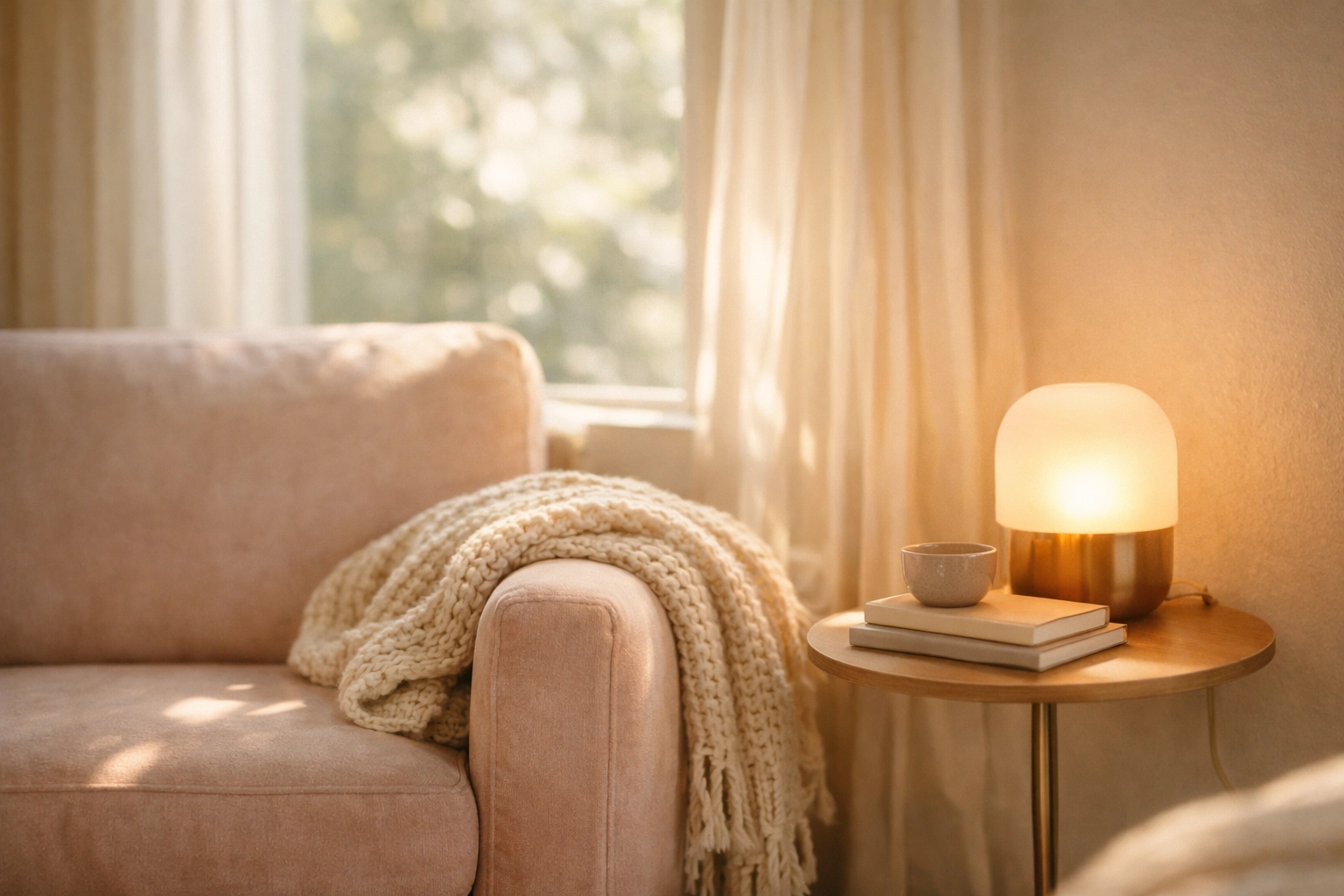 A cozy, sun-drenched reading nook with a soft armchair and hand-knit throw, representing the physical safety and groundedness required for nervous system regulation.
