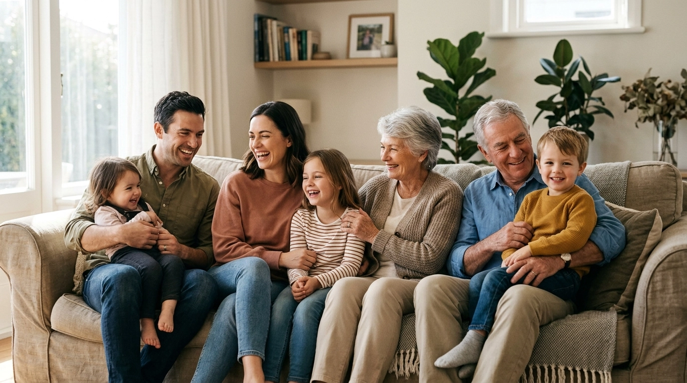 A multi-generational family sitting together on a sofa in a sunlit living room