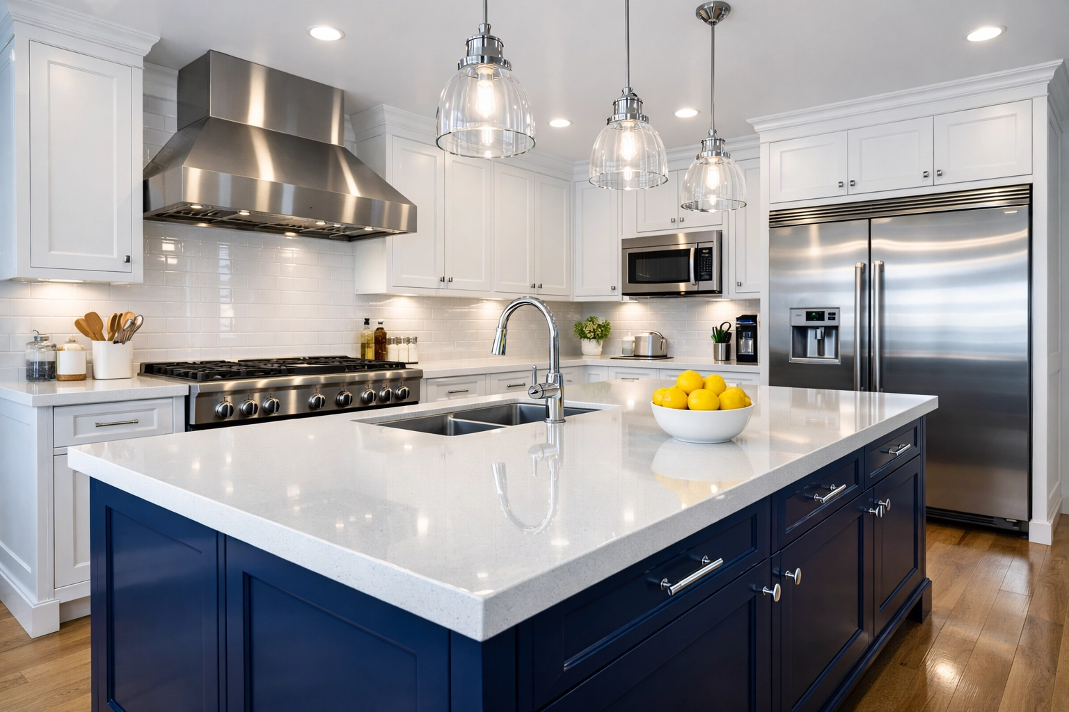 Professional deep cleaning of a luxury kitchen with sparkling white cabinets in Townsend MA.