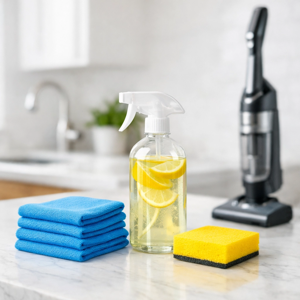 Professional eco-friendly cleaning supplies on a kitchen island for Wellesley deep cleaning services.