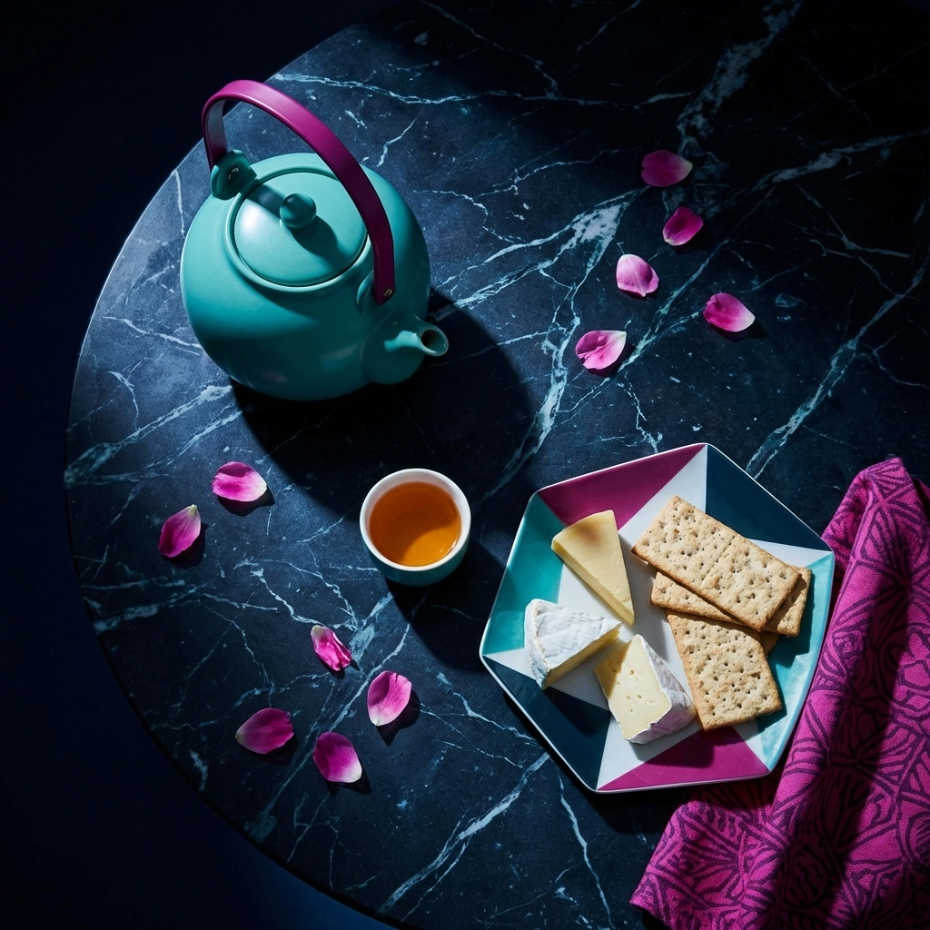 Flat lay of tea, cheese, and crackers at Rebel Wine Bar, highlighting non-alcoholic happy hour options