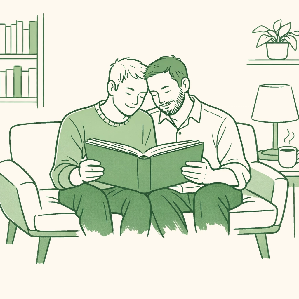 Hand-drawn illustration of a gay couple reading MM romance books together, celebrating LGBTQ+ literature.