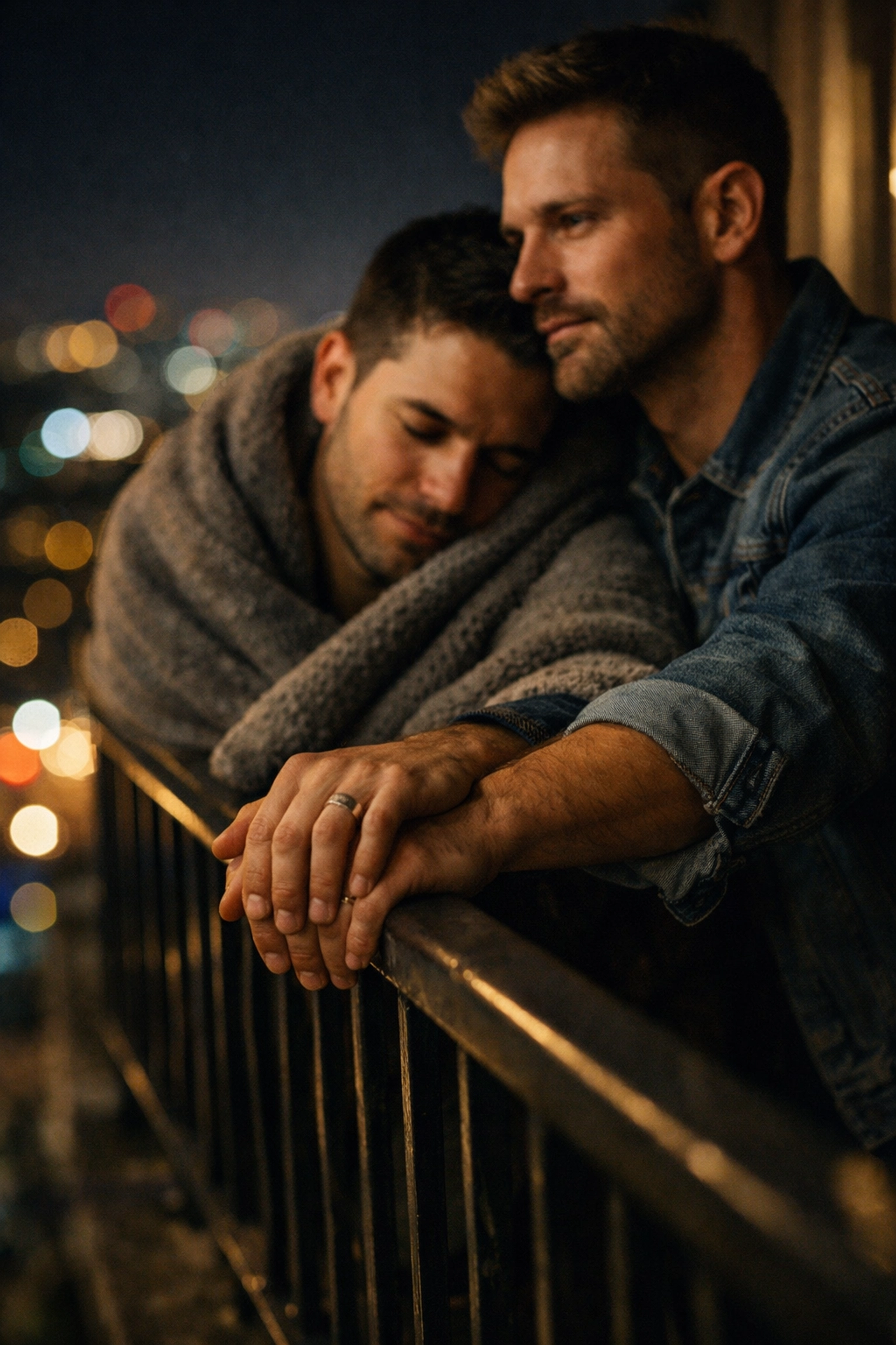 Two gay men in a supportive embrace on a balcony, showing the deep emotional bonds found in MM romance novels.