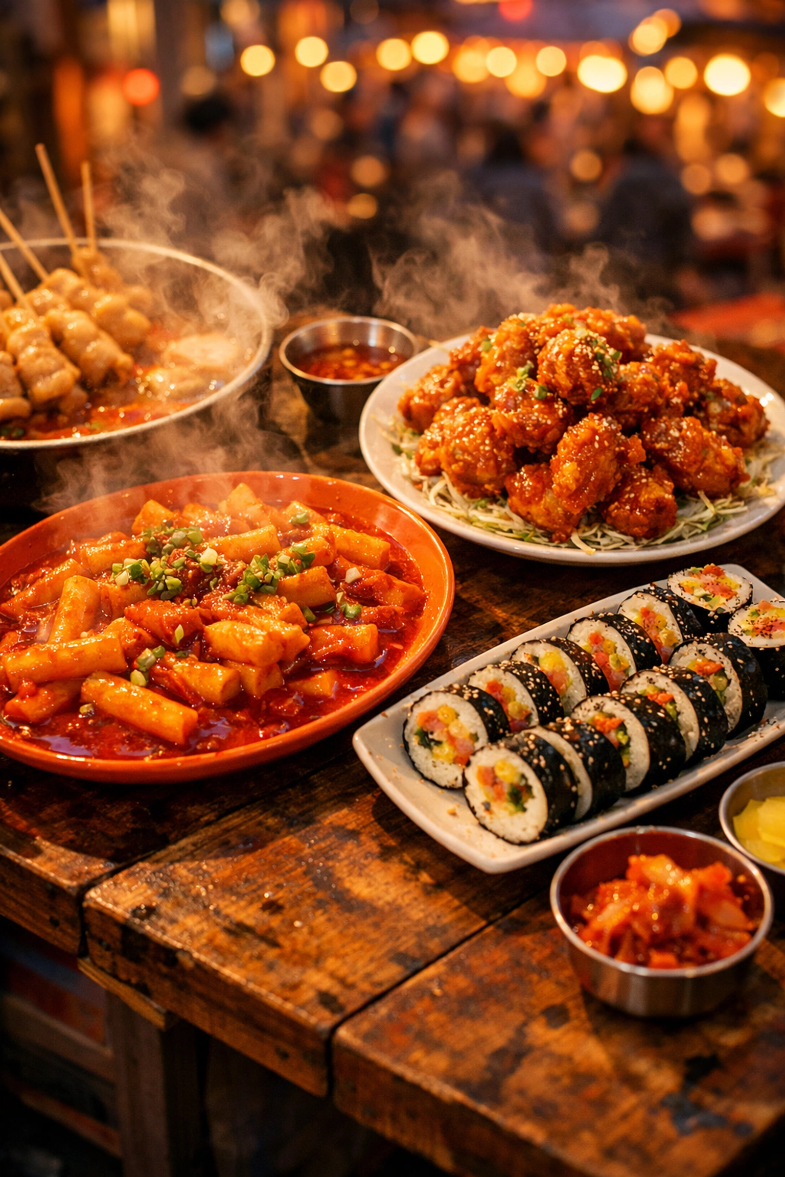 Assortment of Korean street food dishes including tteokbokki, fried chicken, and kimbap rolls