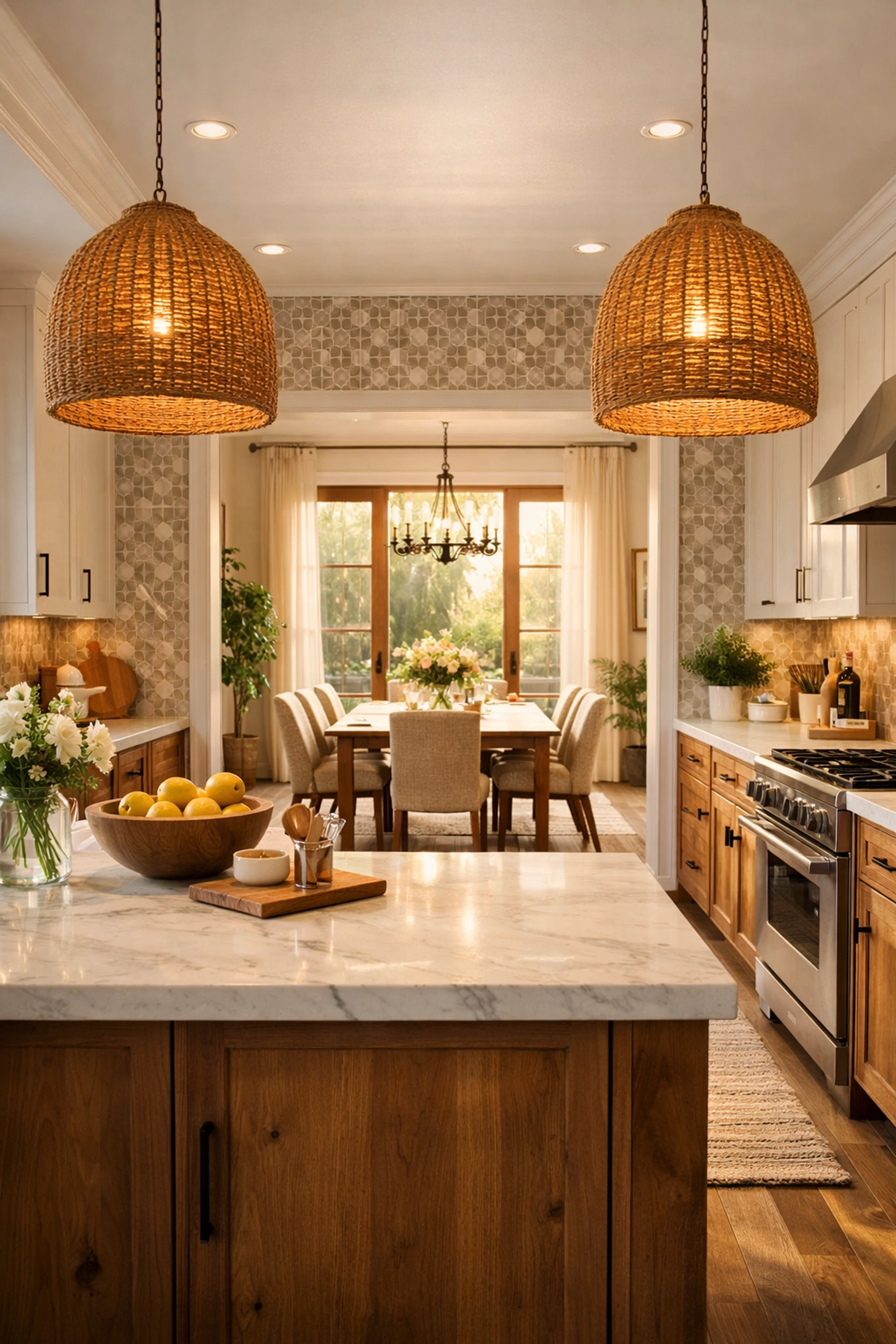 Beautifully transformed kitchen in Bay Village with natural wood cabinets, white uppers, and a stylish backsplash.