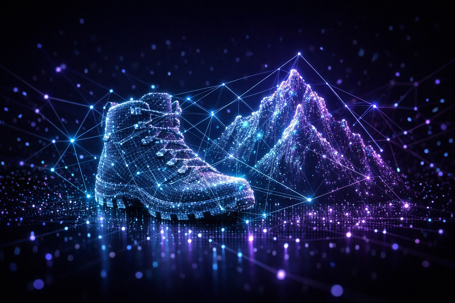 AI vector database mapping a hiking boot based on terrain and weather patterns for precision shopping.