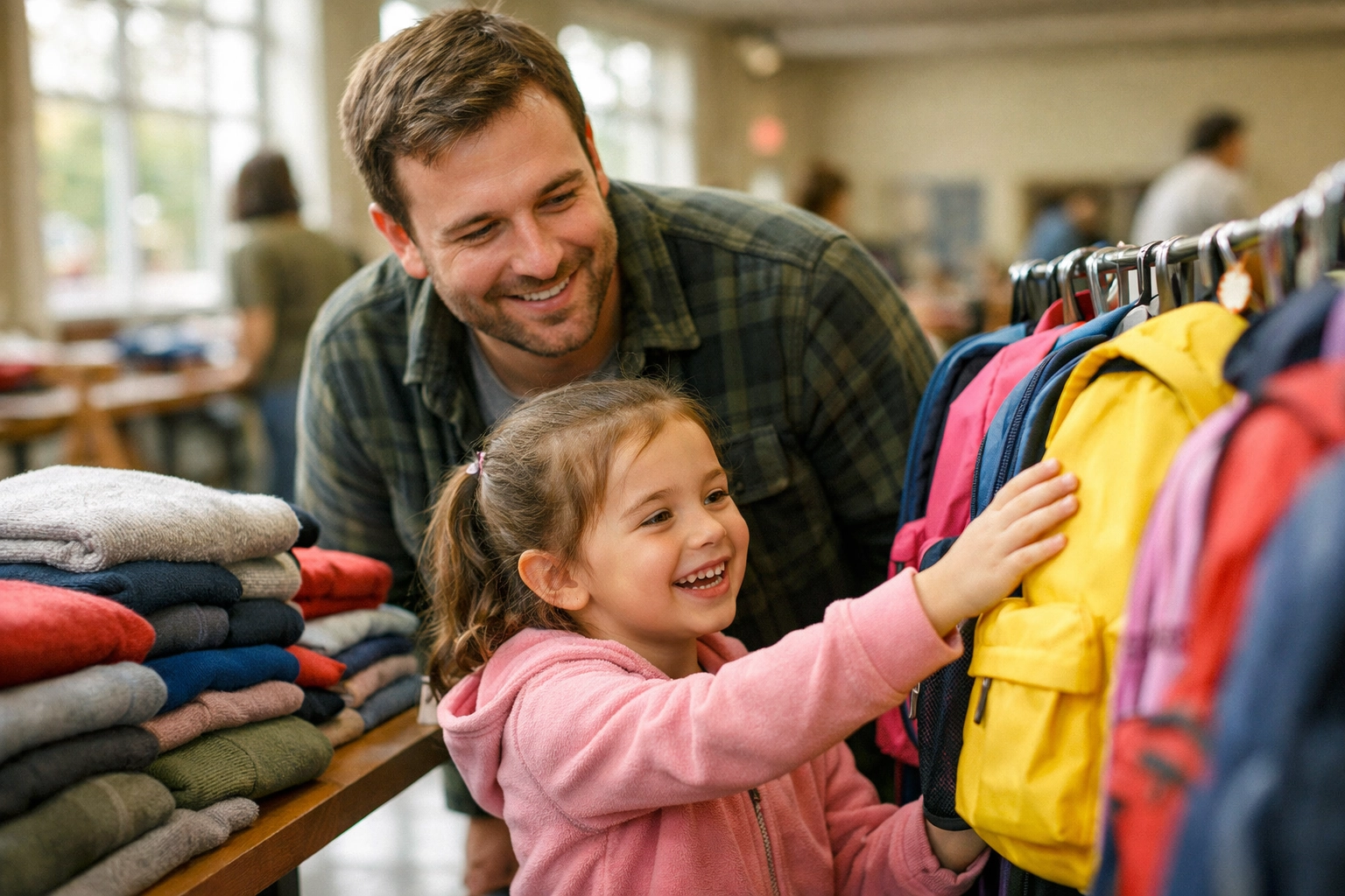 Father and daughter choosing a yellow backpack at a Dorchester family support services drive.