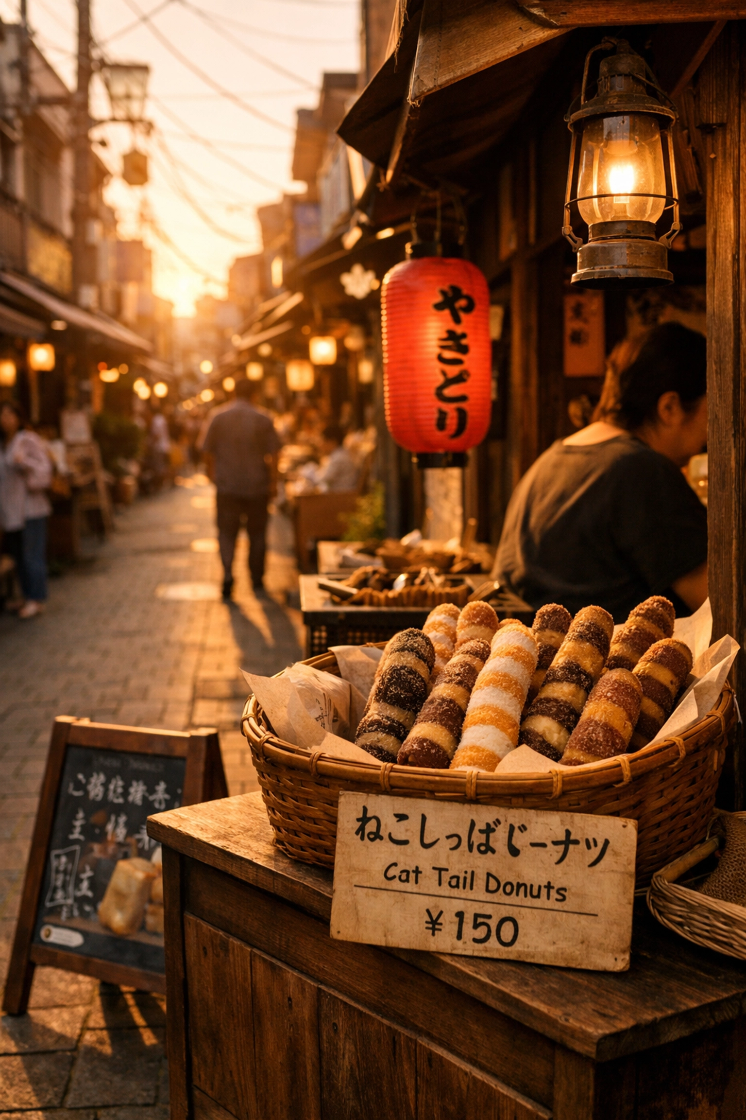 Famous cat-tail donuts at Yanaka Ginza, showcasing Old Tokyo street food photography.