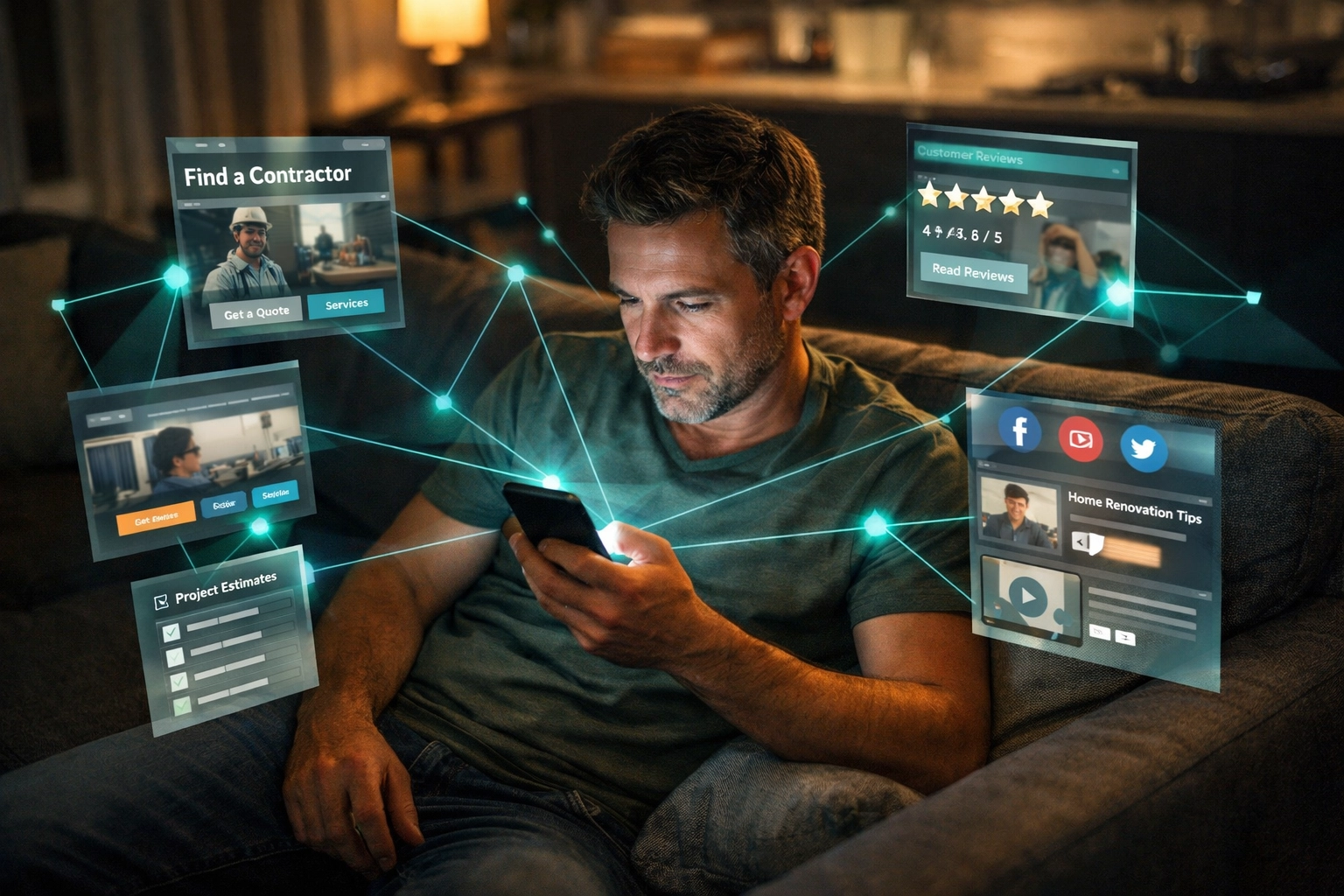 Homeowner researching contractor websites and reviews on smartphone at night
