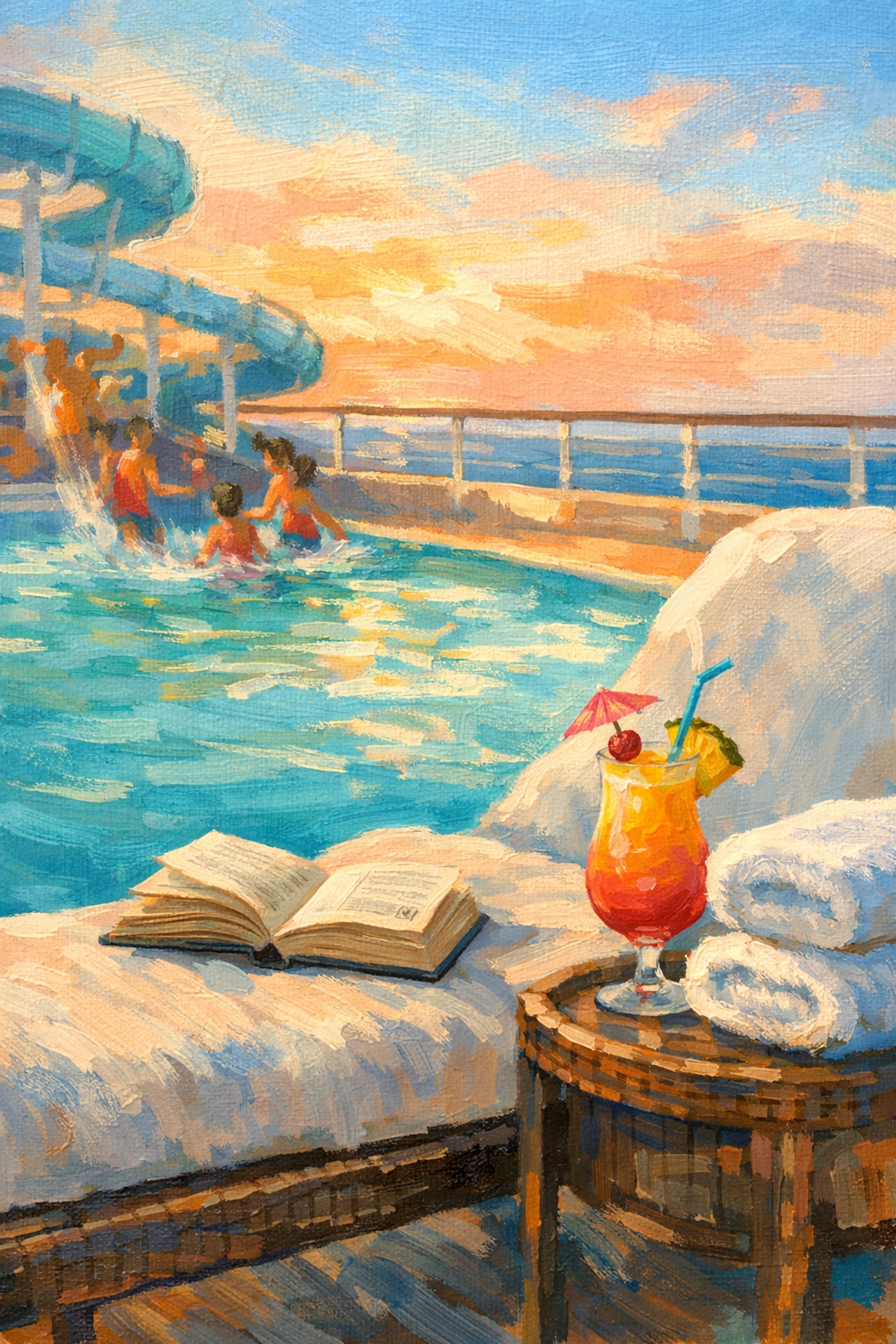 Relaxing cruise spa poolside scene with lounge chair for mom's me time and self-care