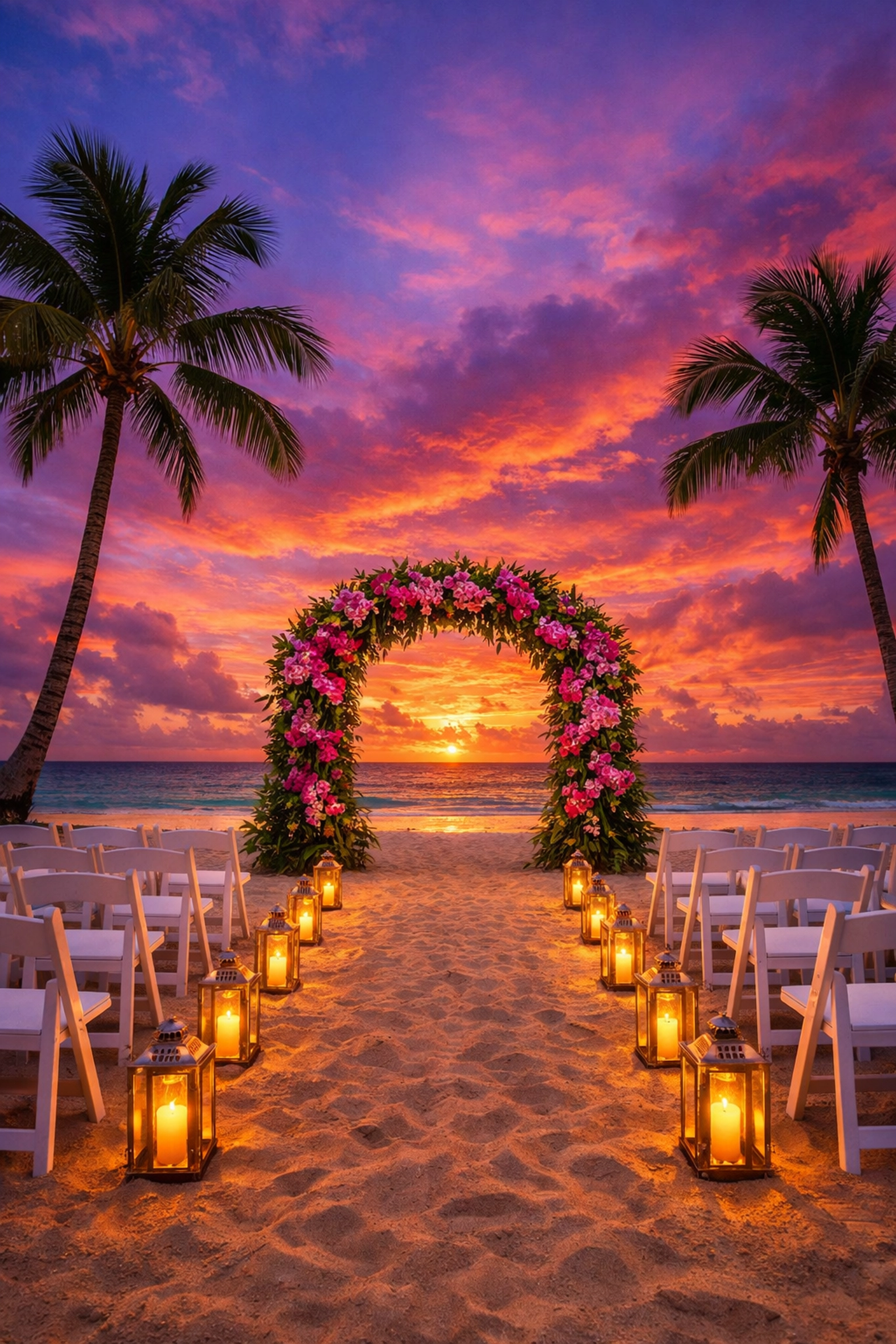 A secluded tropical beach wedding ceremony setup with a floral arch at sunset.
