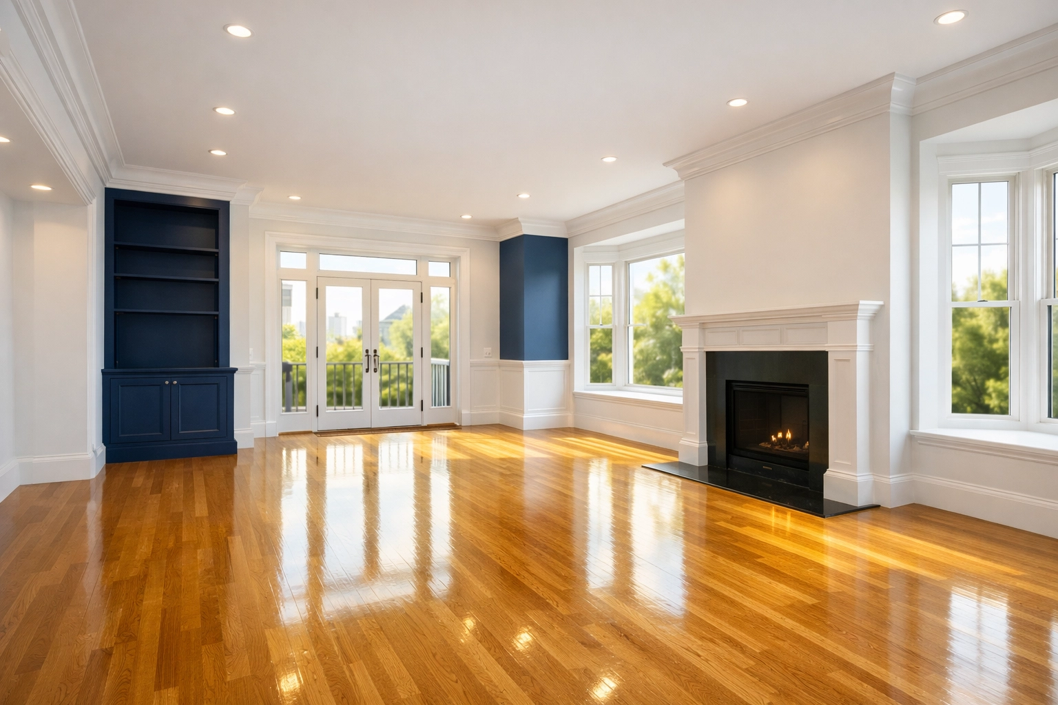 Empty sunlit living room in Massachusetts after professional move-out cleaning services for a perfect turnover.
