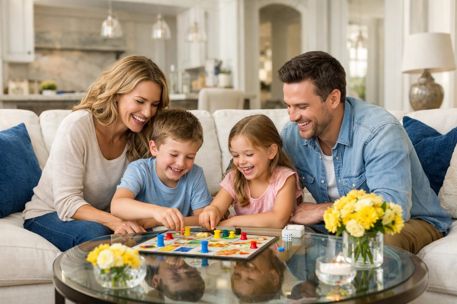 Family enjoying a clean living room and stress-free weekend in Maynard after weekly house cleaning services.