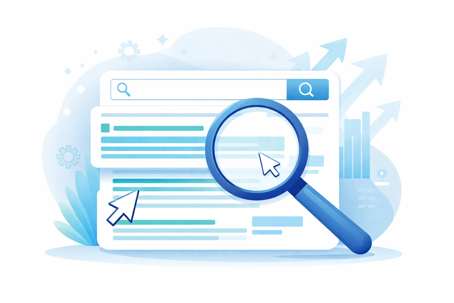 Magnifying glass examining search results to highlight keyword rankings and SEO visibility