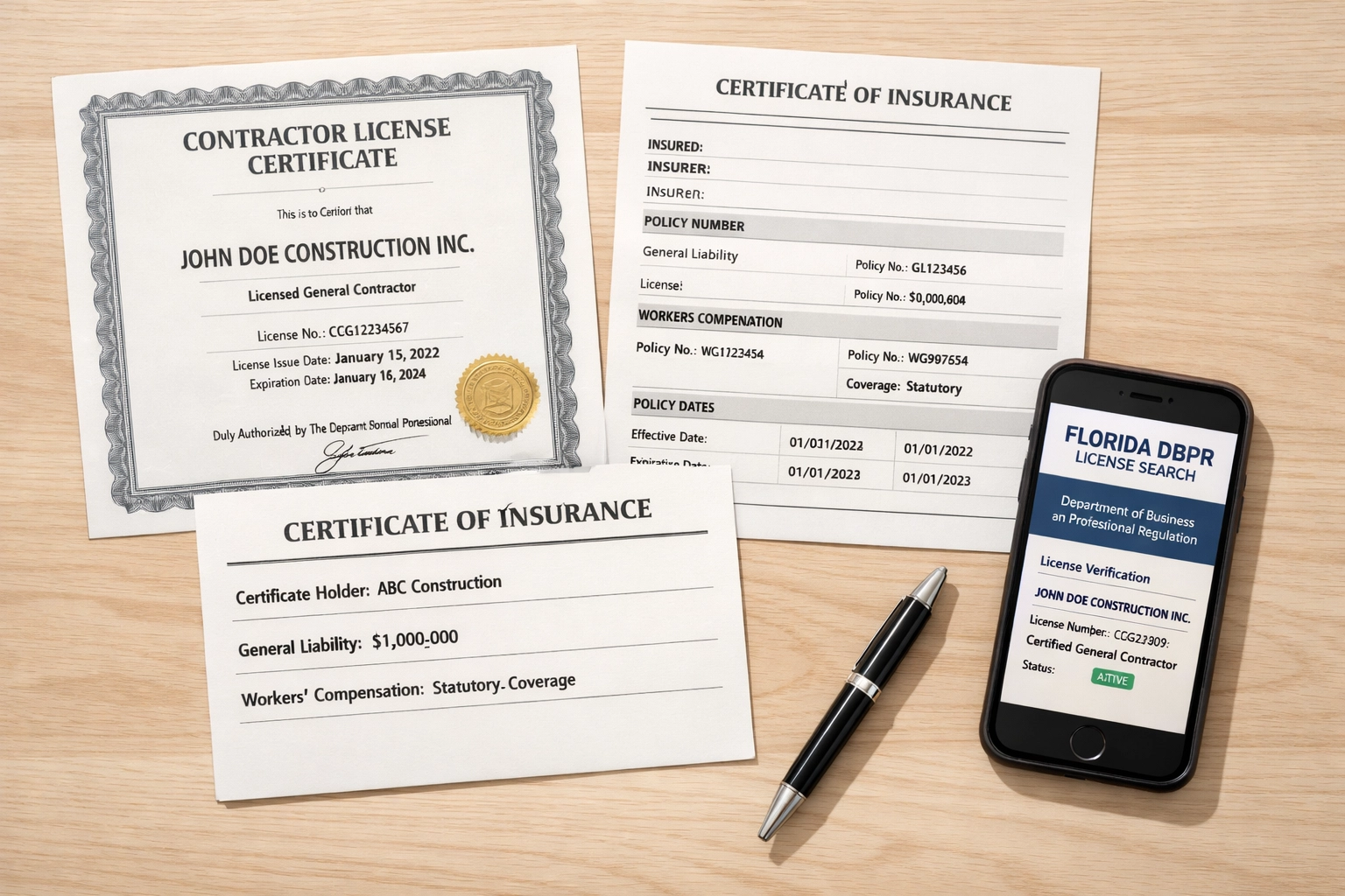 Florida contractor licensing documents and insurance certificates for verification