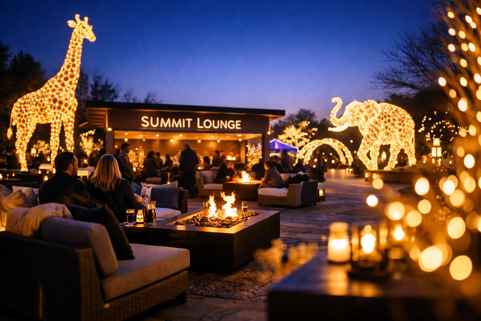 Corporate sponsorship activation at a seasonal Zoo Lights event featuring luxury branded lounge and light installations.