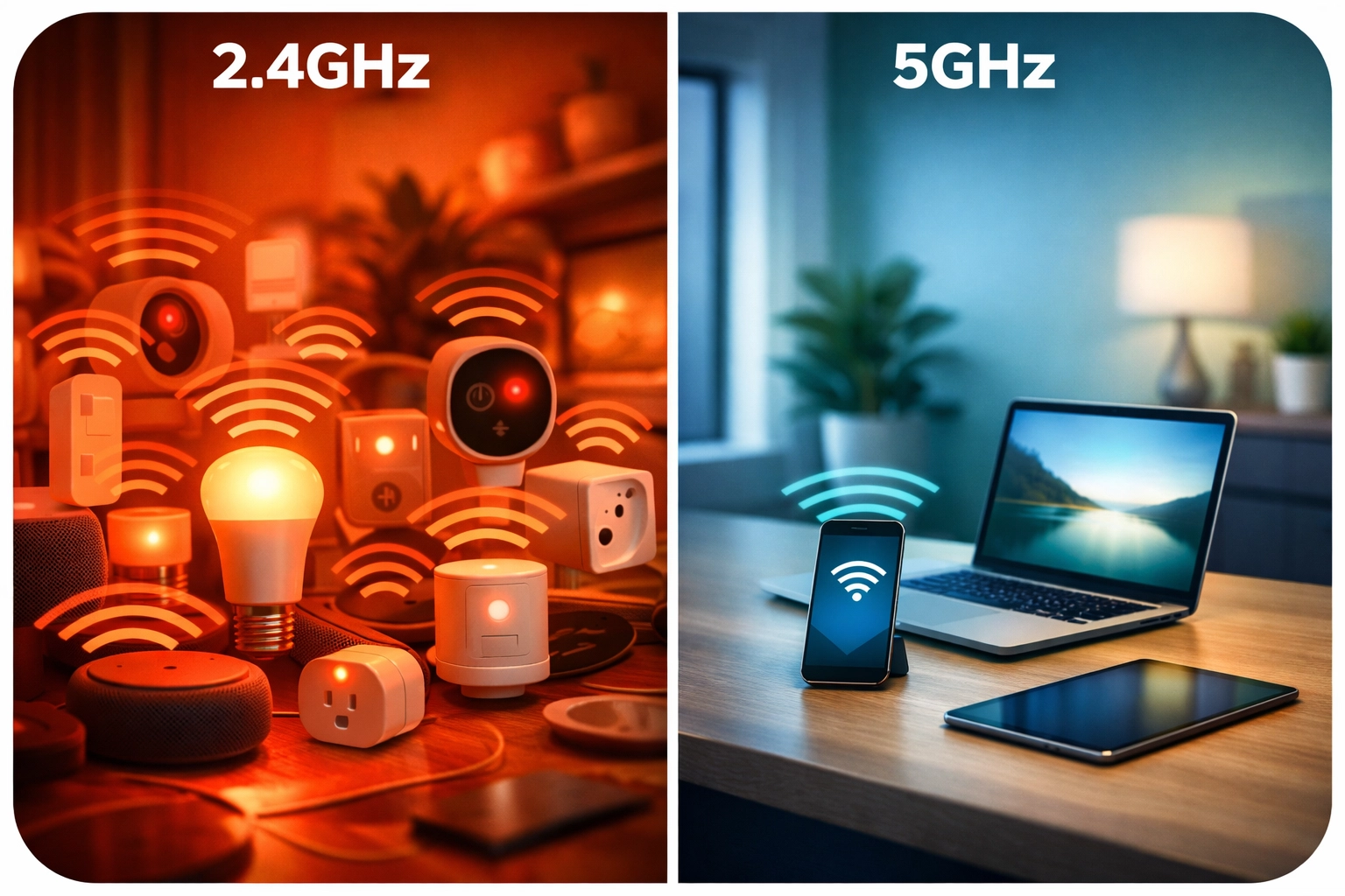Comparison of 2.4GHz and 5GHz WiFi bands showing device congestion and bandwidth