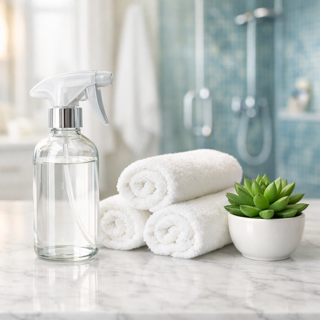 Eco-friendly cleaning products and microfiber towels on a spotless luxury bathroom vanity in Marblehead.
