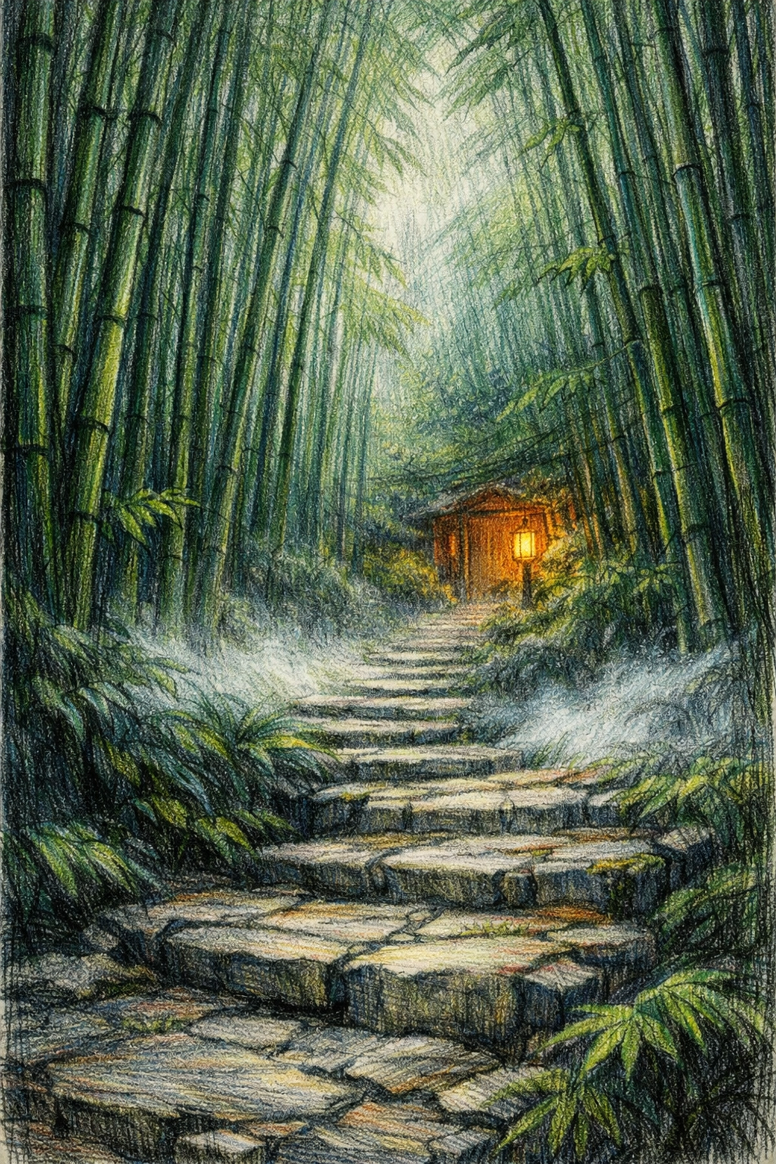 Mist-covered stone path in a bamboo forest at a sustainable luxury jungle resort.