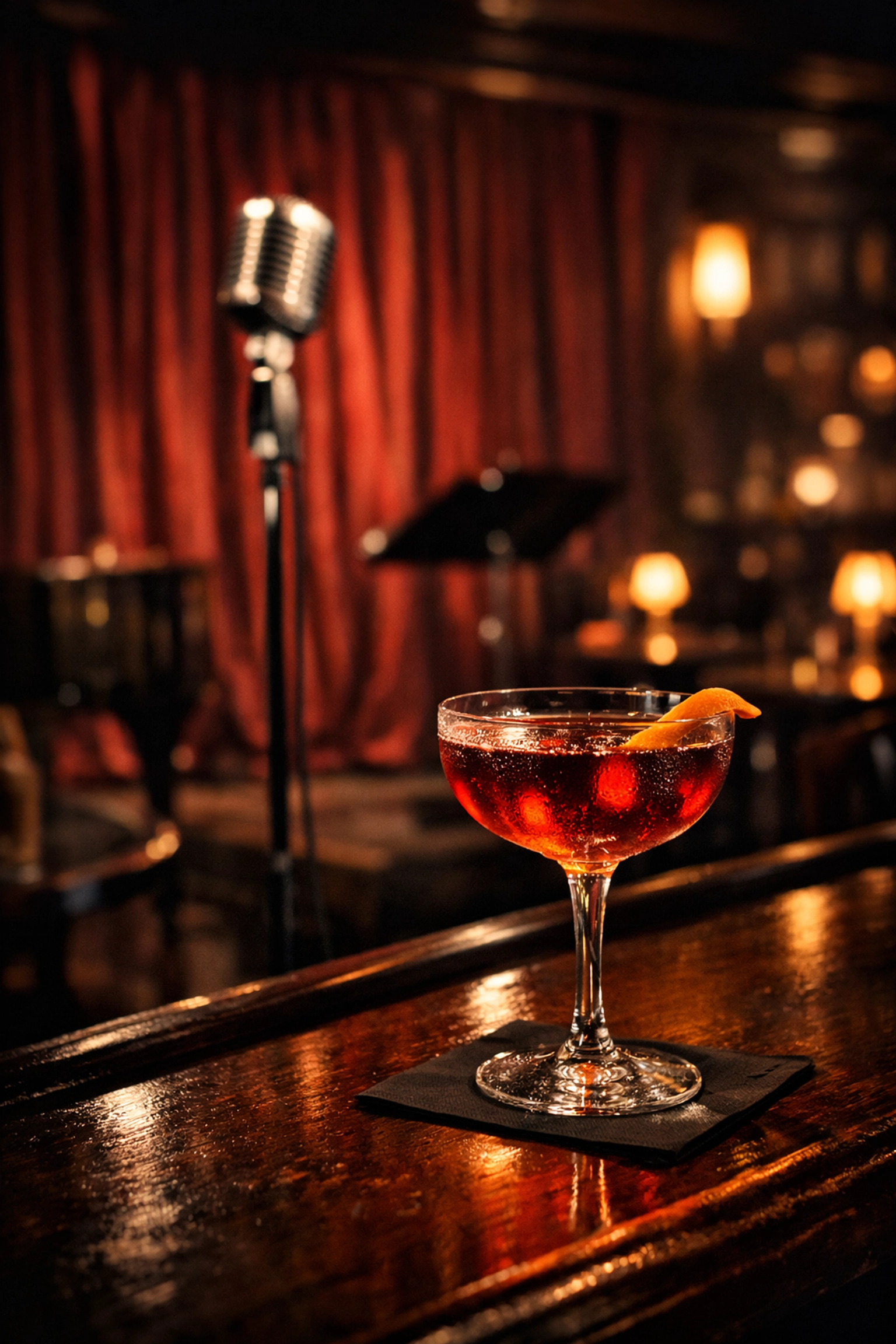 A classic cocktail on a bar in a moody Montreal jazz lounge, part of the city's new 24-hour culture.