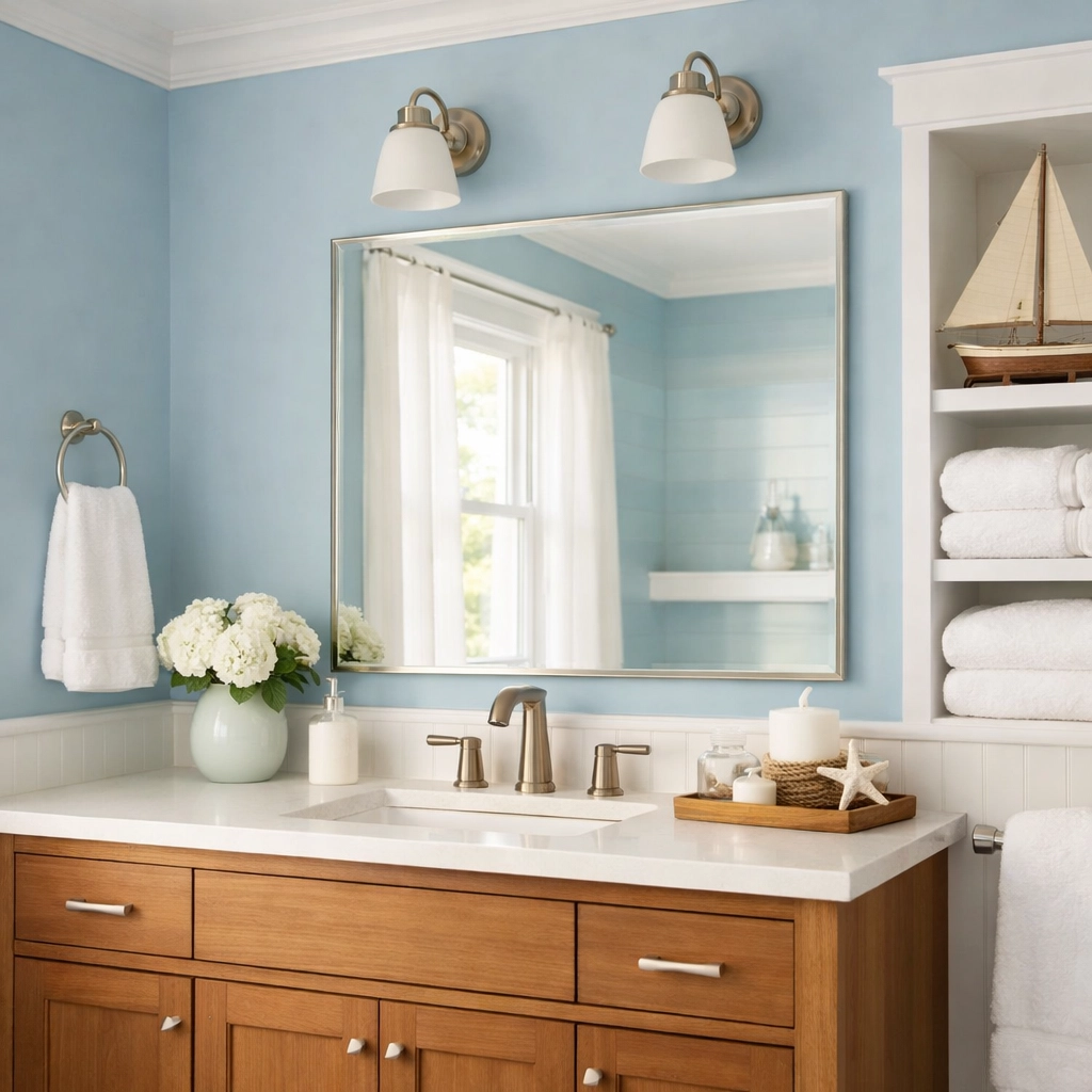 Spa-like bathroom with coastal blue walls and white fixtures for home resale appeal