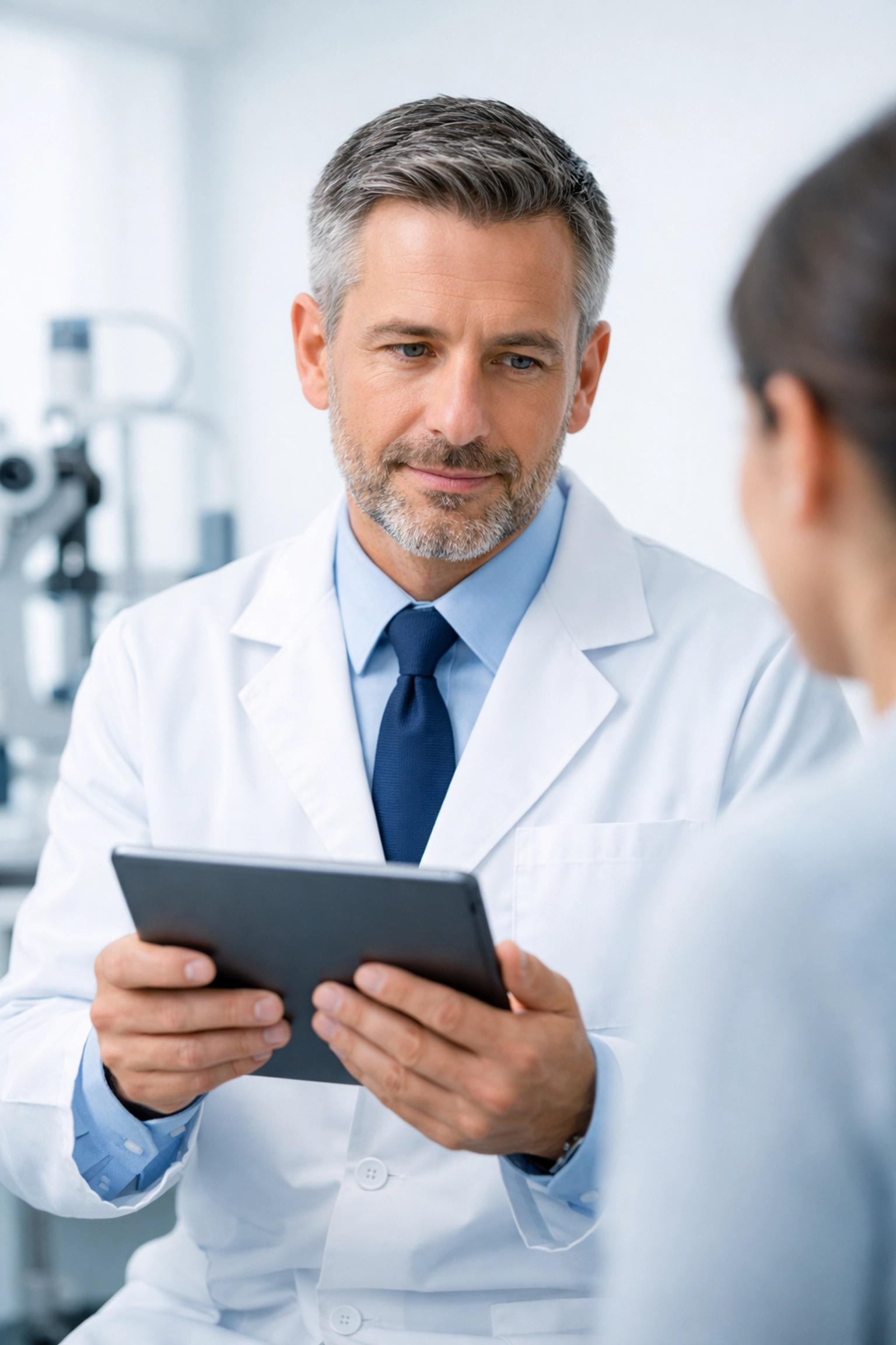 An optometrist discussing a longitudinal care plan with a patient to improve practice revenue cycle management.