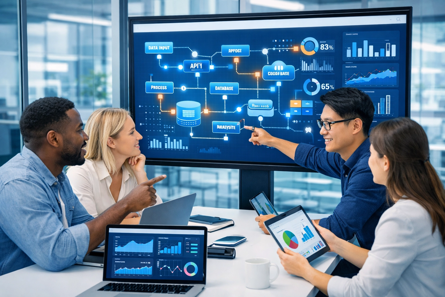 IT professionals collaborating on ServiceNow workflow dashboard in modern office