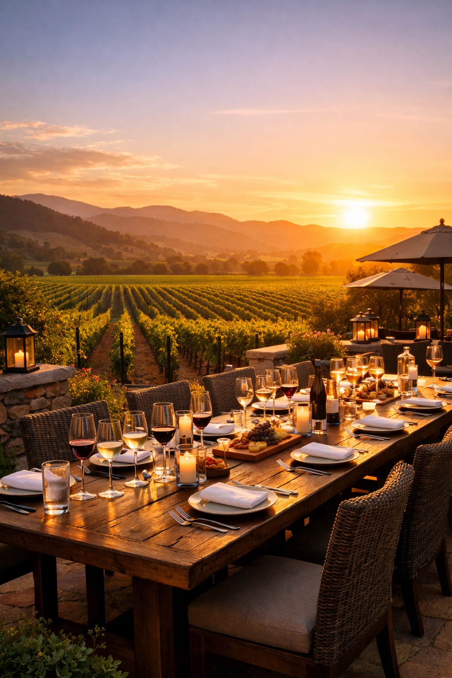 Sunlit Napa Valley vineyard prepared for a post-Super Bowl executive wine tasting and retreat.