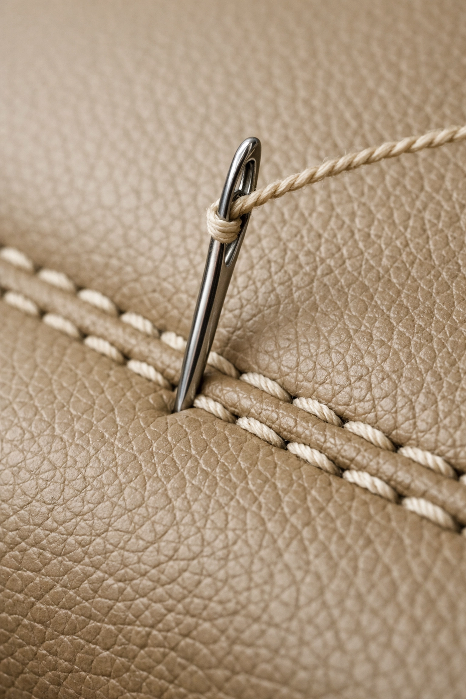 Close-up of heavy-duty stitching on sand-colored marine vinyl, showing expert boat upholstery craftsmanship.