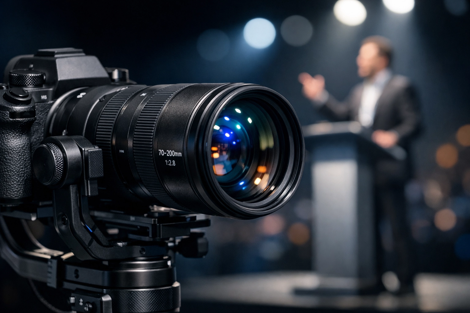 Professional camera setup for a conference photographer miami documenting a corporate keynote speech.