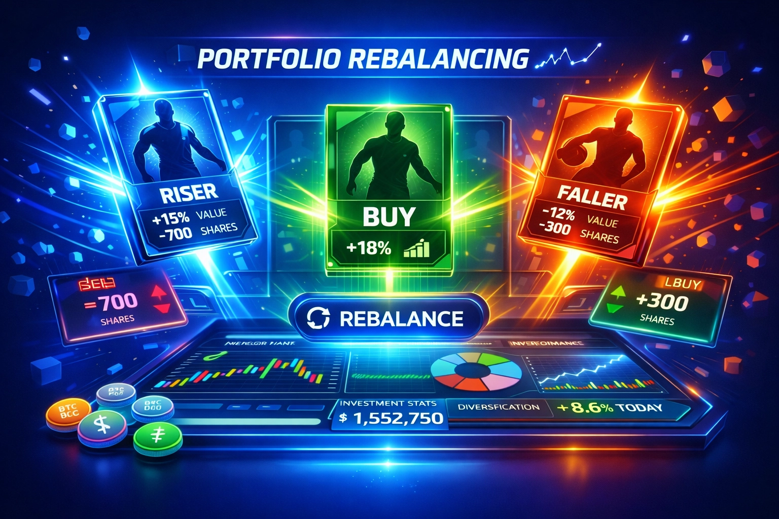 A modern sports investment dashboard used for rebalancing a portfolio of football player tokens.
