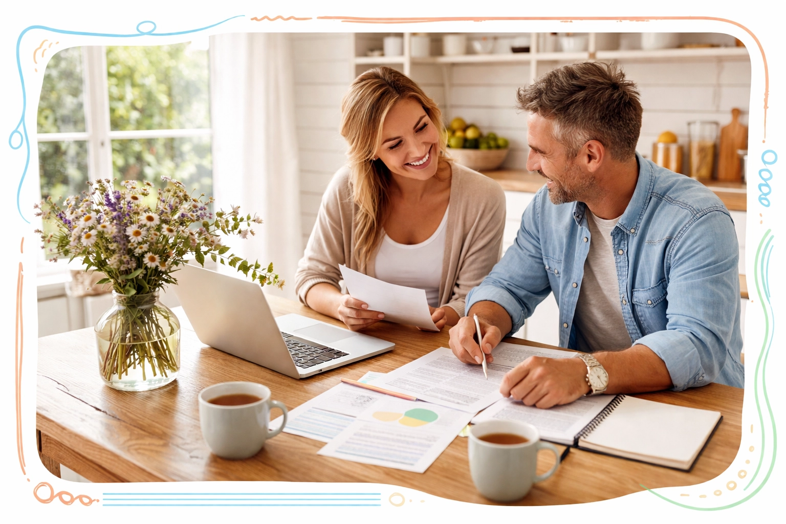 Farmhouse kitchen table with two people discussing home buying options, highlighting thoughtful real estate planning.