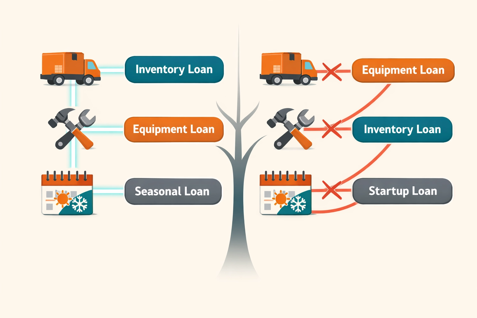 Diagram matching different business financing types to specific business needs and use cases