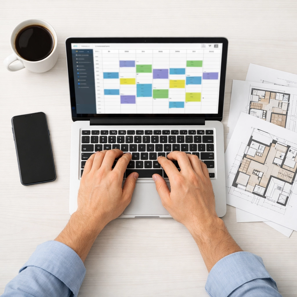 Property manager scheduling apartment turnovers using calendar software and floor plans