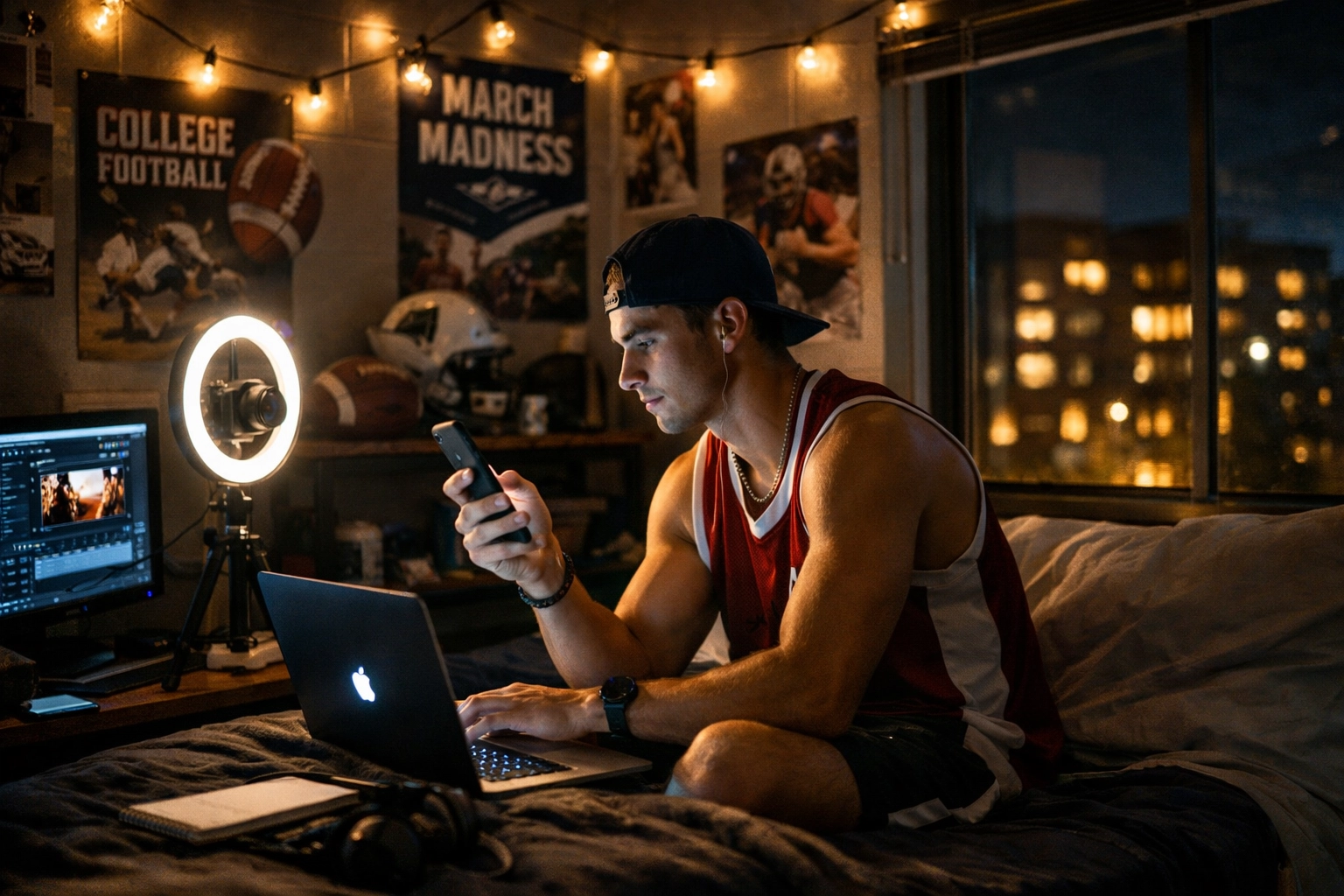 College athlete creating digital content on laptop in dorm room for campus marketing campaign