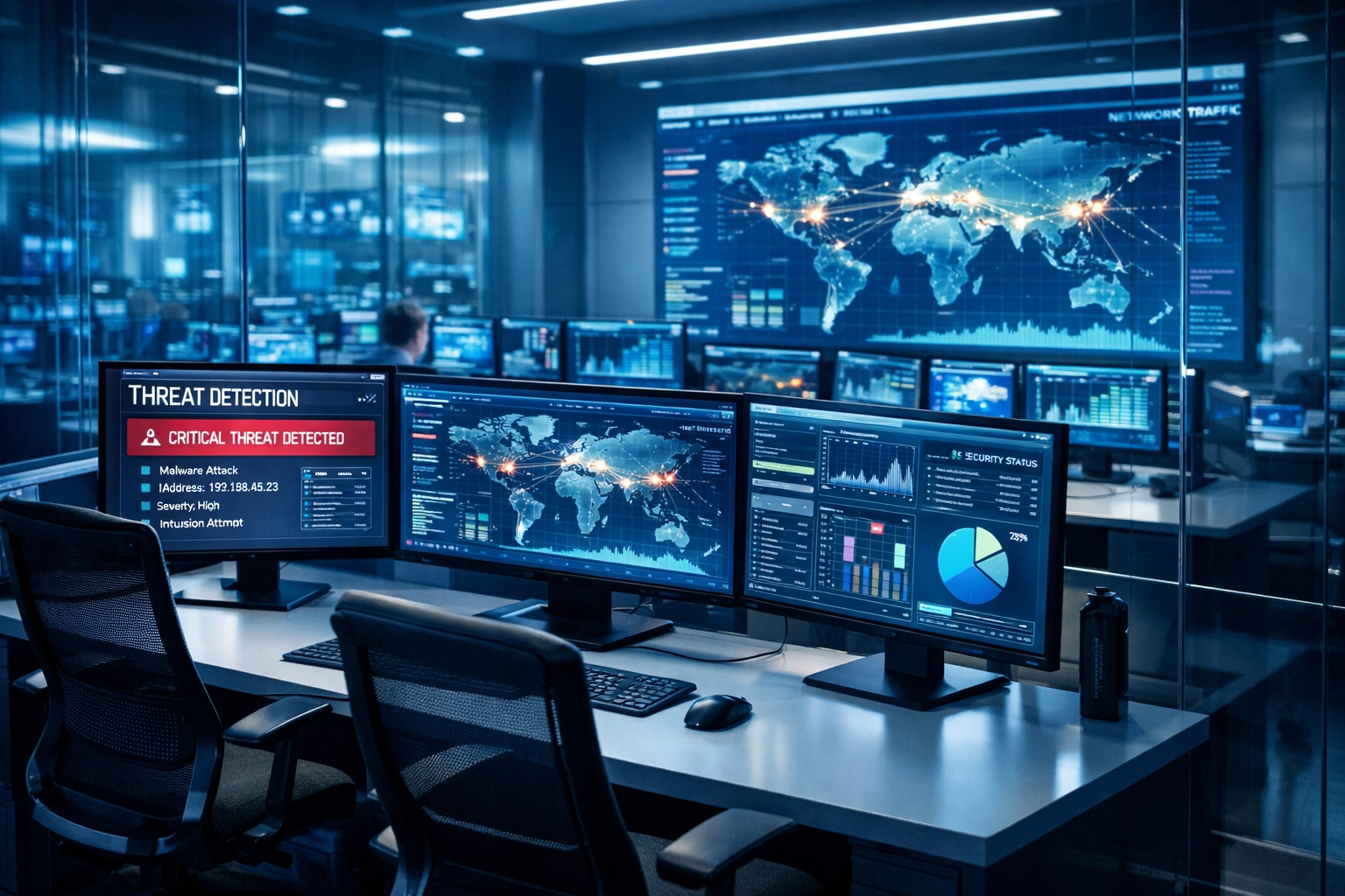 Cybersecurity operations center monitoring AI-powered ransomware threats and network security alerts