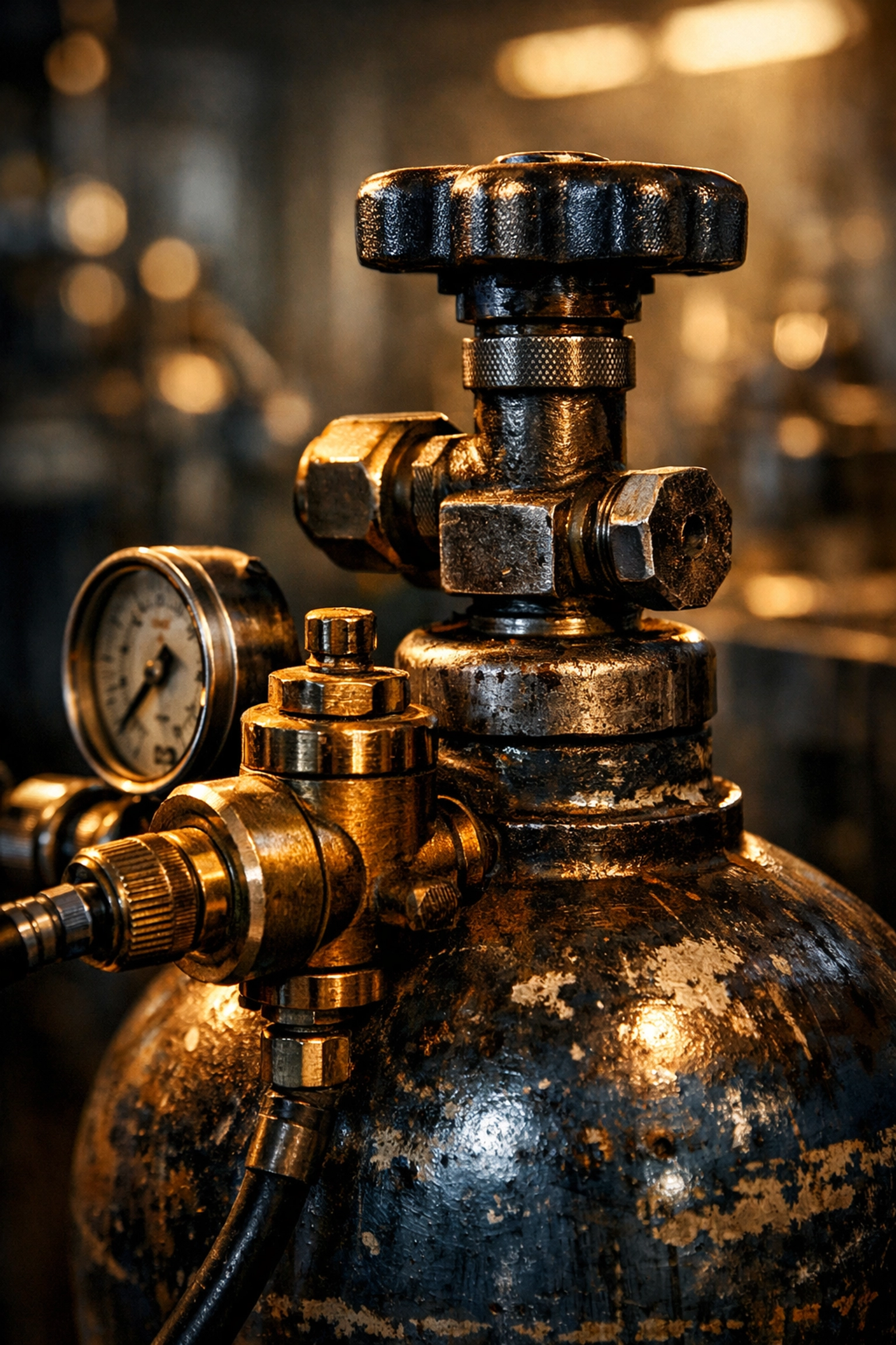 Close-up of regulator on gas cylinder for CO2 tank testing near me and safe welding supply Fort Wayne