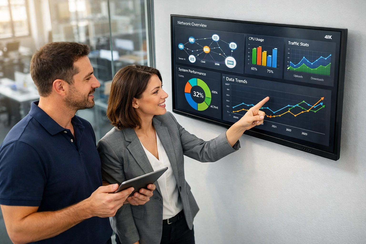ServiceNow implementation partners reviewing real-time ROI and ITOM data on a modern office monitor.