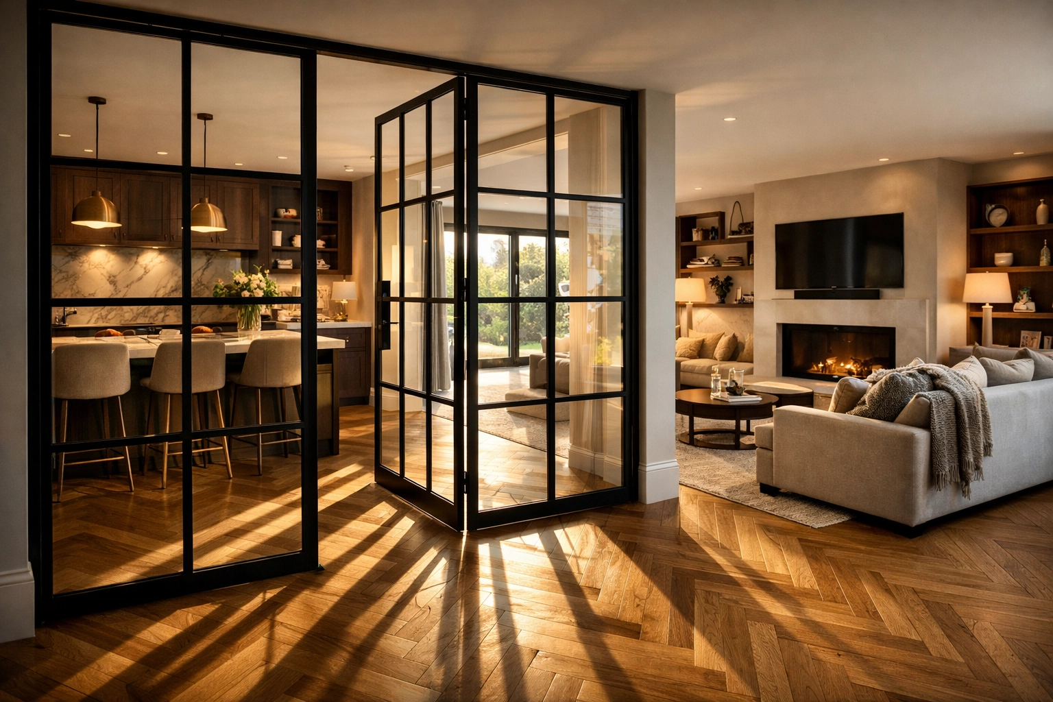 Modern broken-plan kitchen in Chichester featuring Crittall-style glass partitions and oak flooring.