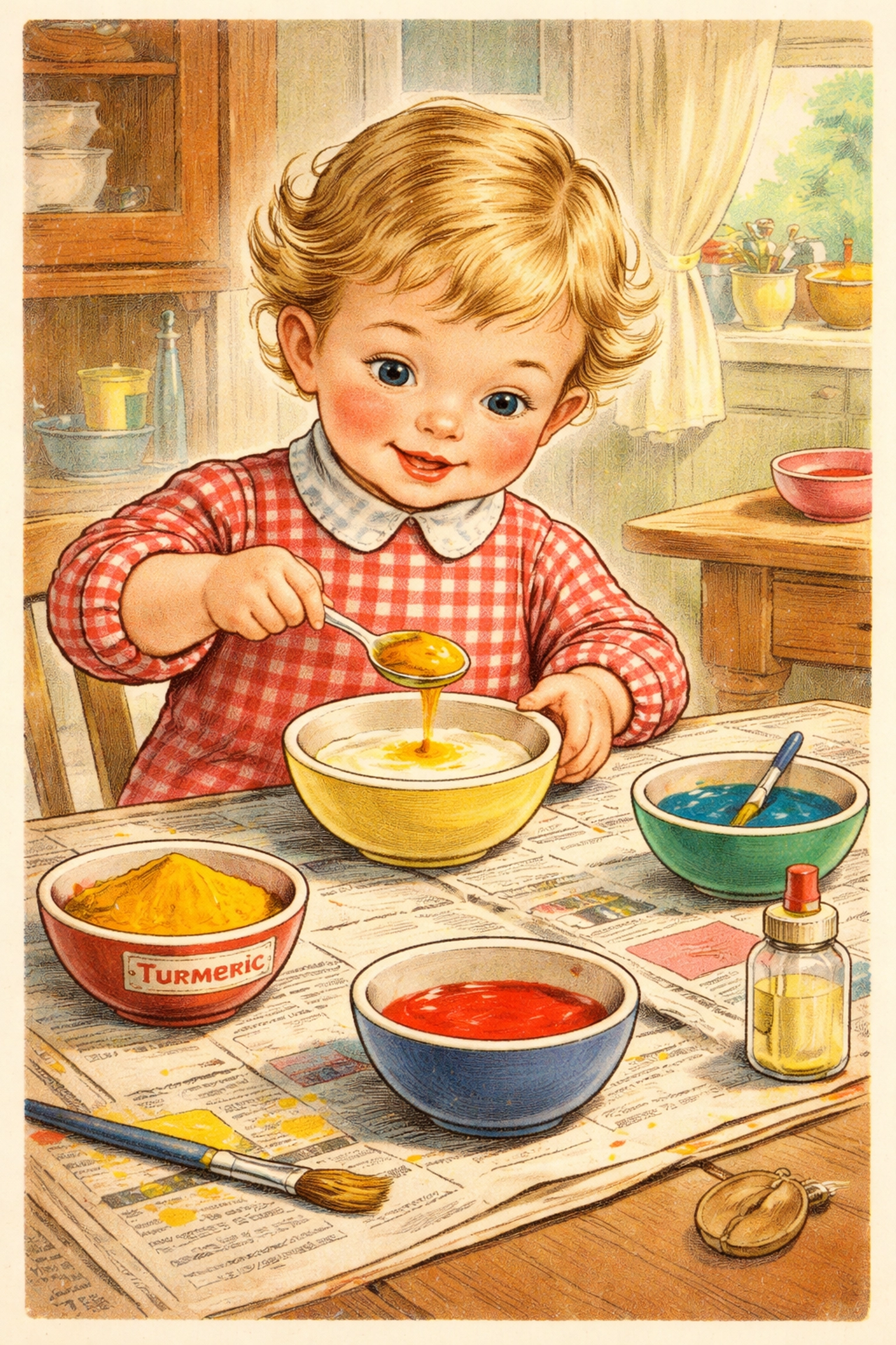 Child adding turmeric to white paint in a cozy kitchen, preparing for a kids spice painting activity