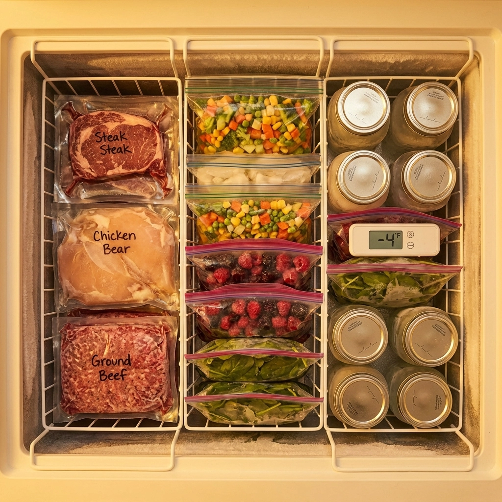 Overhead view of a full and organized freezer that has meat on the left, bagged veggies in the middle and jarred items on the right.