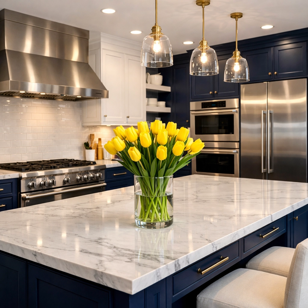 Spotless luxury kitchen with polished marble countertops and navy cabinets, ready for a home showing.